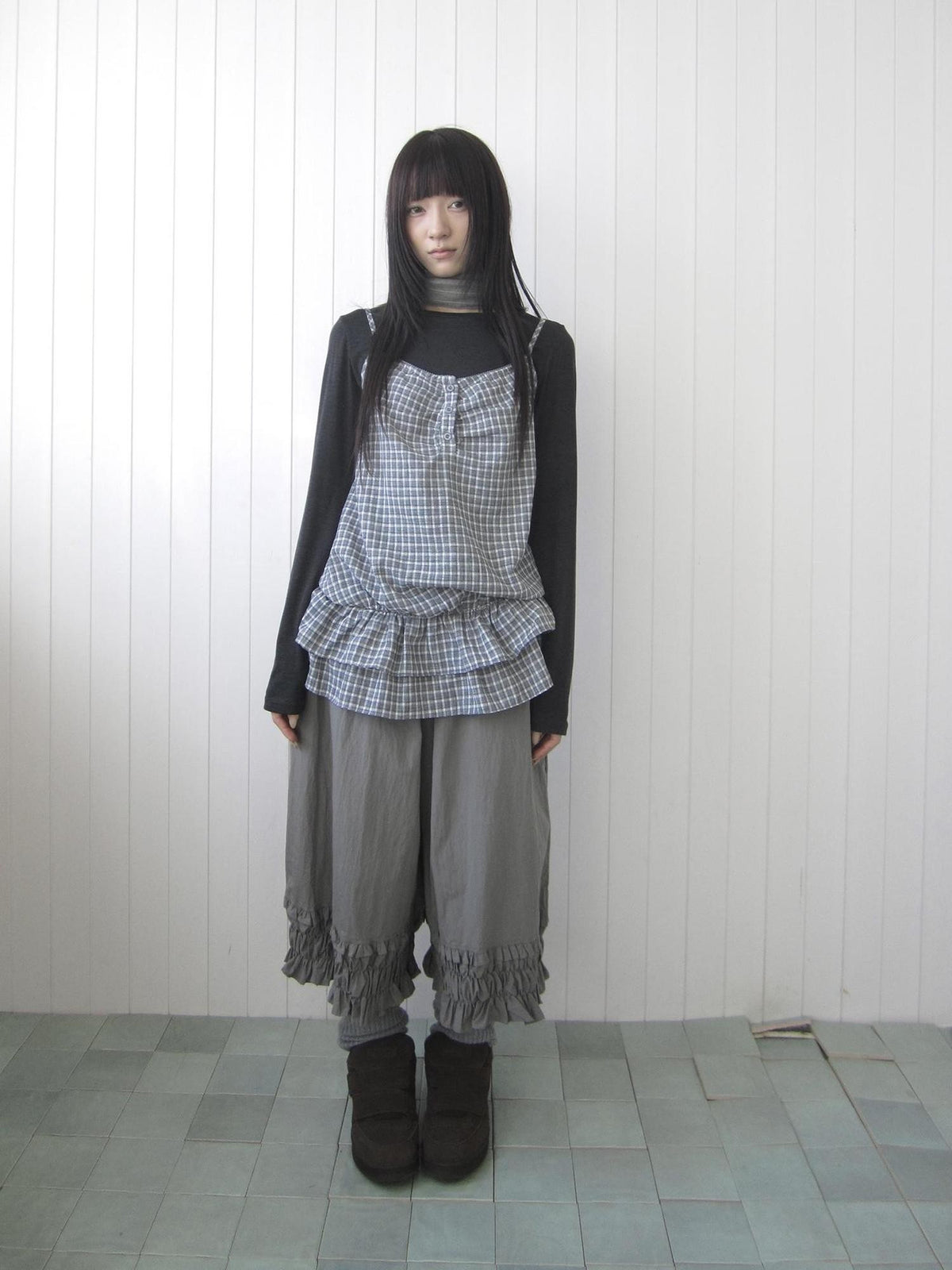 ang project Plaid Ruffle Two Piece Korean Women&