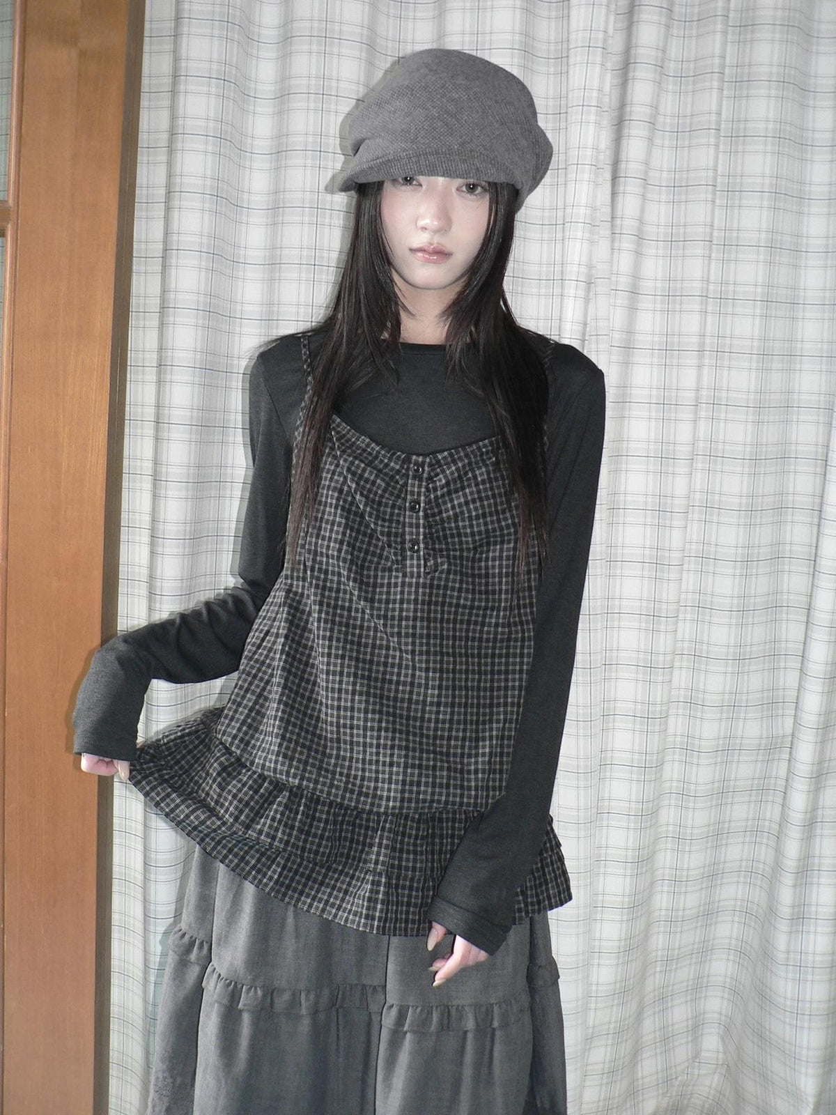 ang project Plaid Ruffle Two Piece Korean Women&
