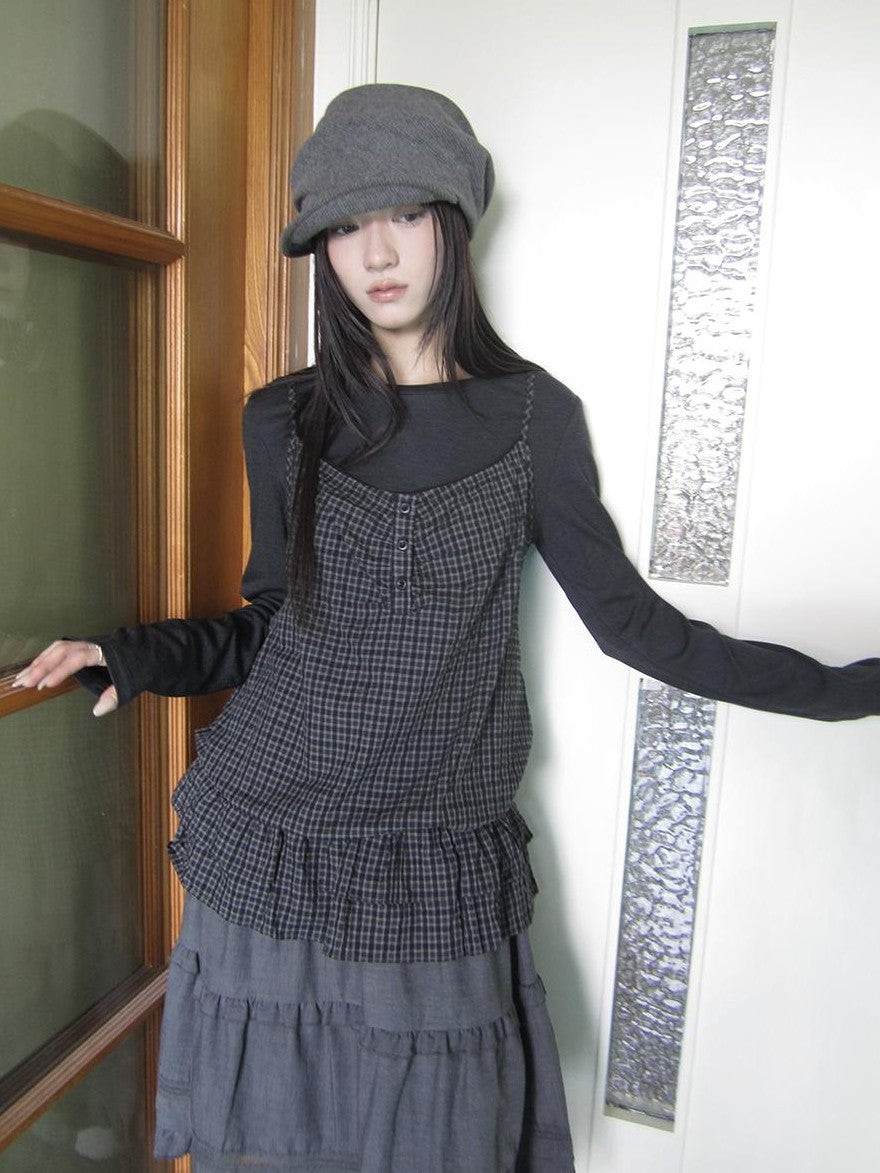 ang project Plaid Ruffle Two Piece Korean Women&