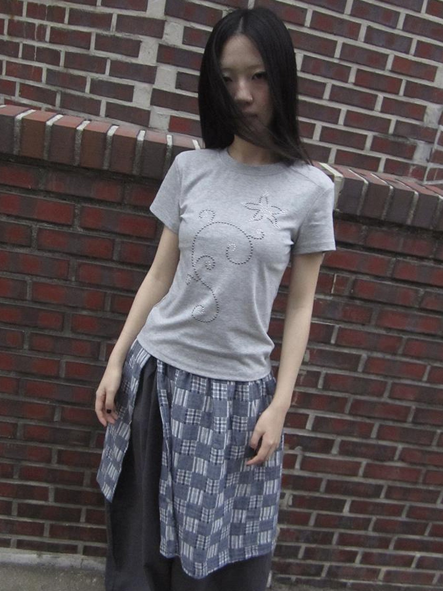 Updateang project Pleated Beaded Color Block Stretch Tee