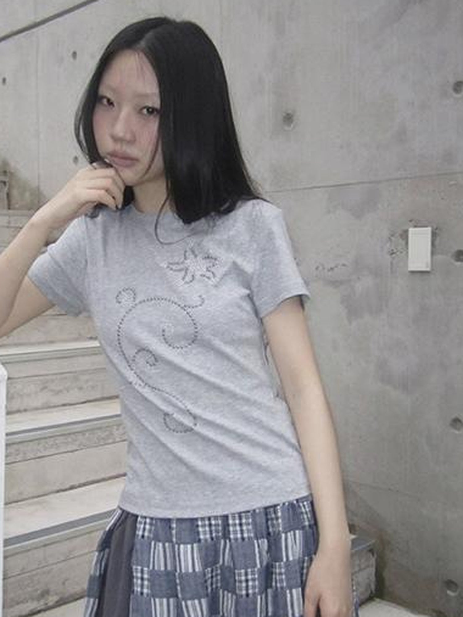 Updateang project Pleated Beaded Color Block Stretch Tee