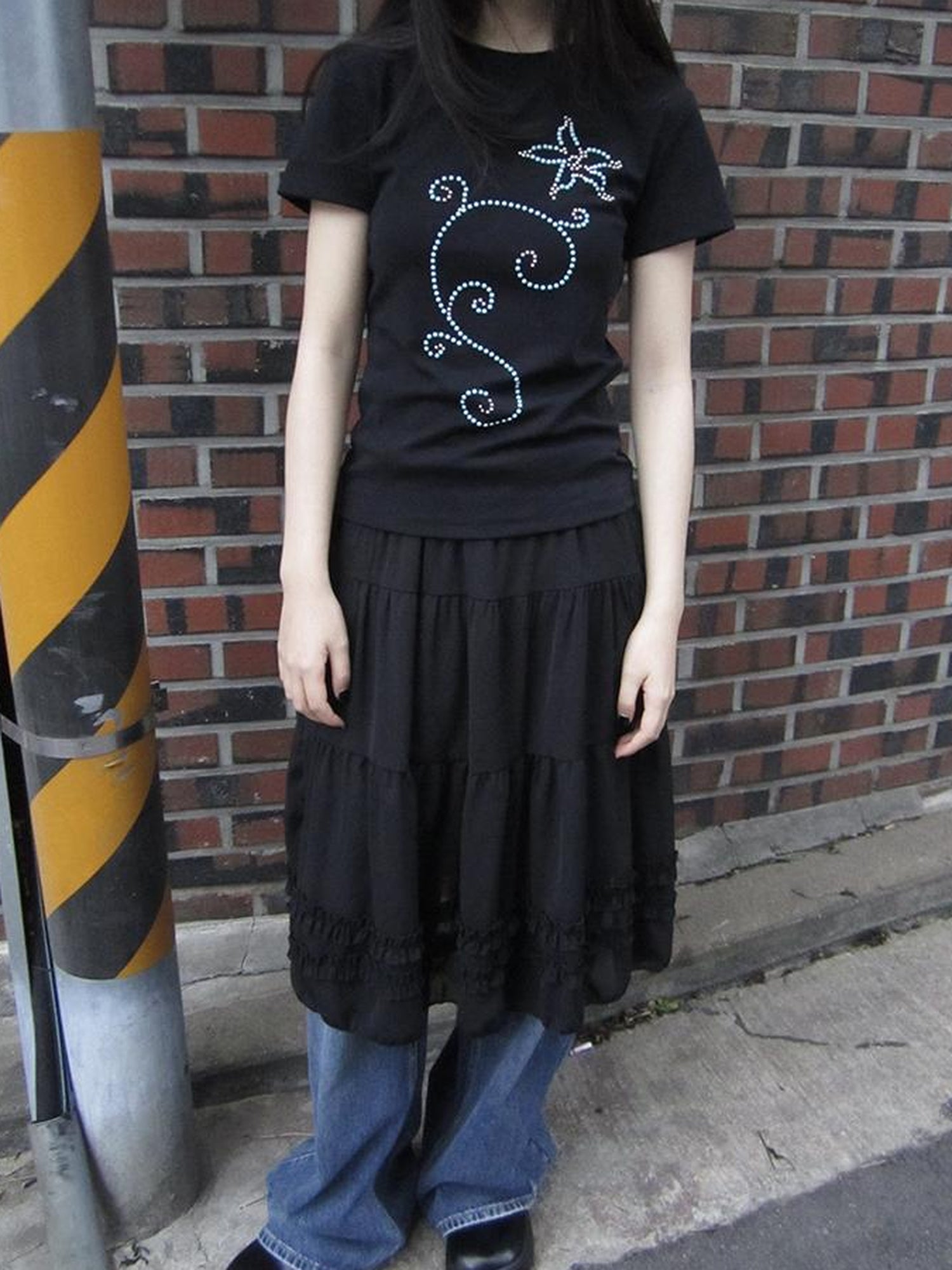 Updateang project Pleated Beaded Color Block Stretch Tee