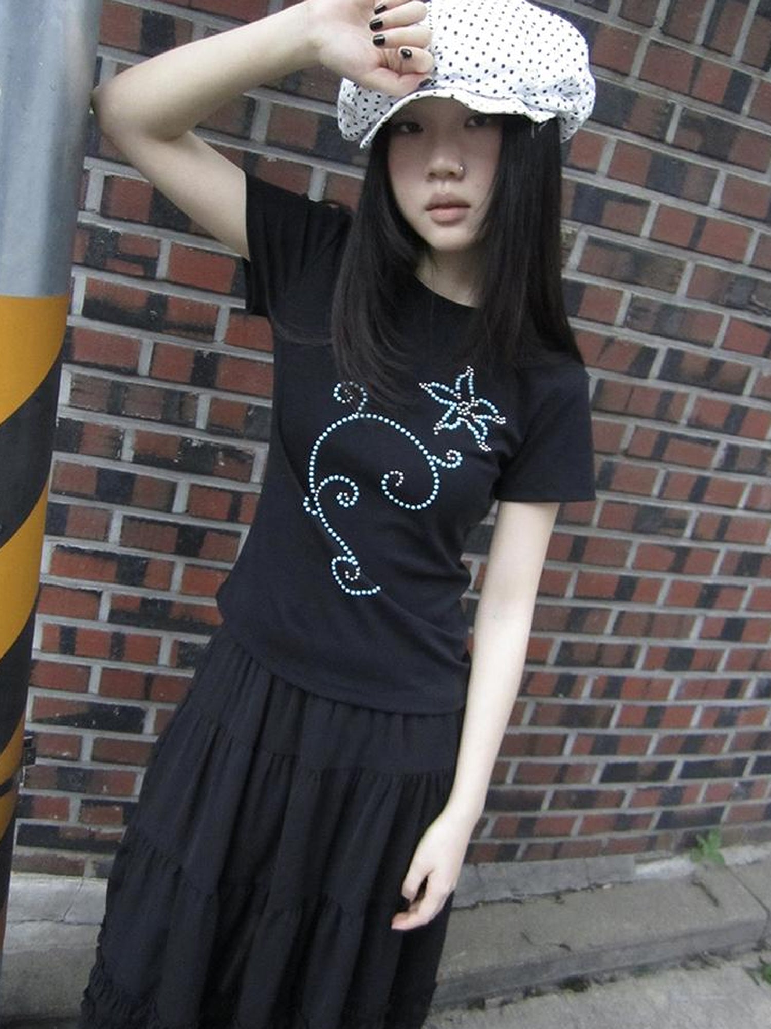 Updateang project Pleated Beaded Color Block Stretch Tee