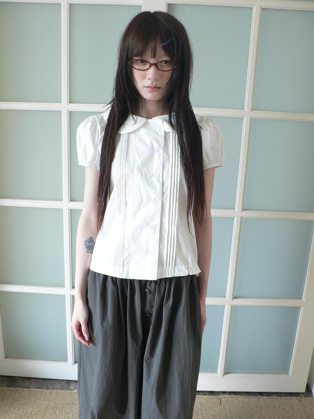 ang project Pleated Buttoned Gathered Doll Collar Women&