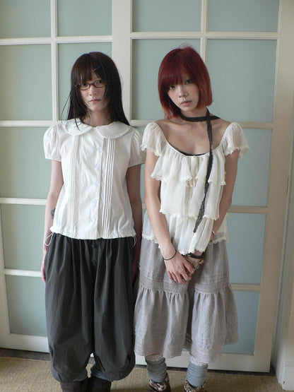 ang project Pleated Buttoned Gathered Doll Collar Women&