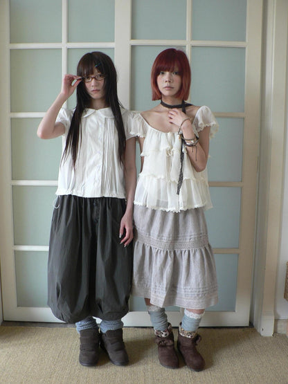 ang project Pleated Buttoned Gathered Doll Collar Women&