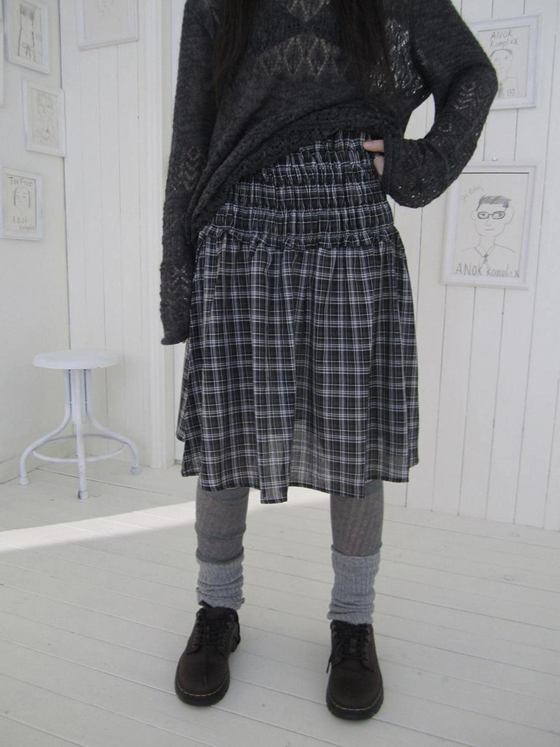 ang project Pleated Checkered Ruffle Hem A Line Skirt Skirt