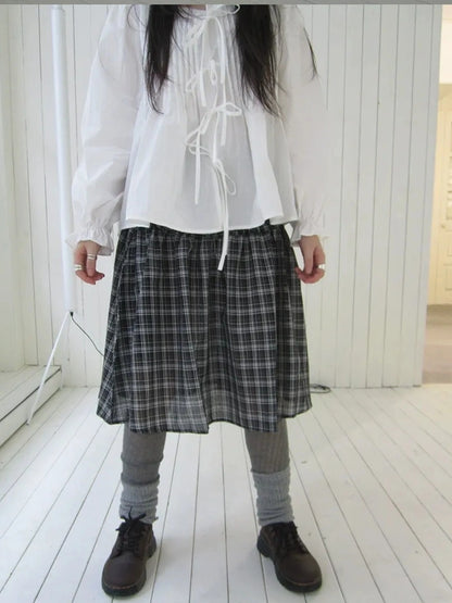 ang project Pleated Checkered Ruffle Hem A Line Skirt Skirt