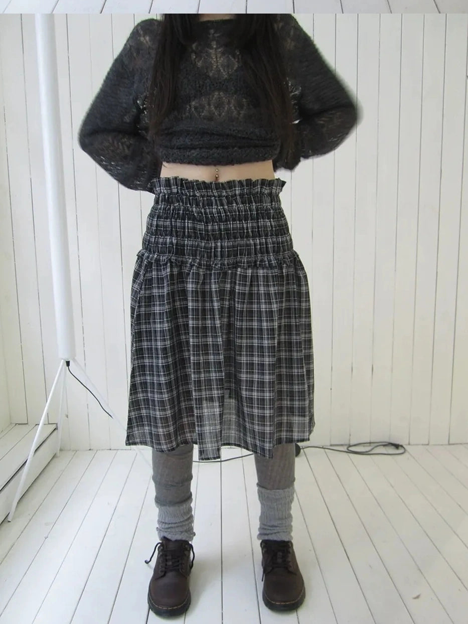 ang project Pleated Checkered Ruffle Hem A Line Skirt Skirt