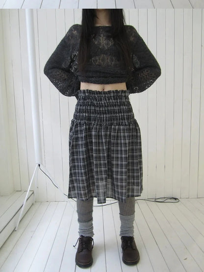 ang project Pleated Checkered Ruffle Hem A Line Skirt Skirt