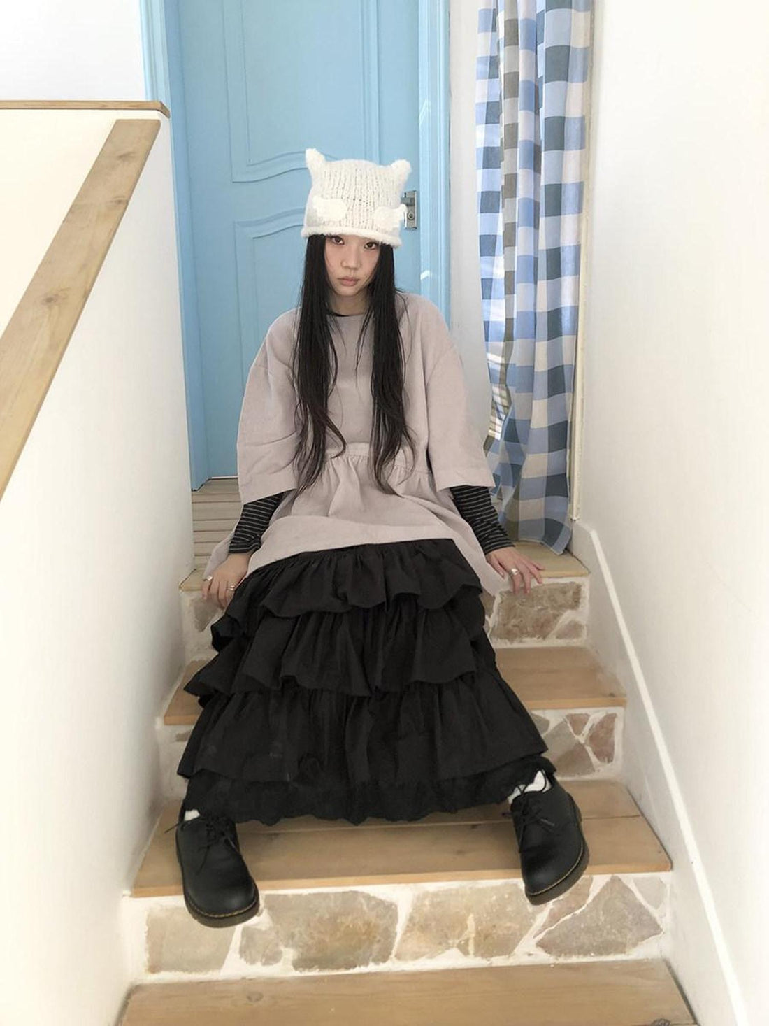 ang project Pleated Corduroy Loose Korean Mid Length Crew Neck Women Light Gray T-Shirt