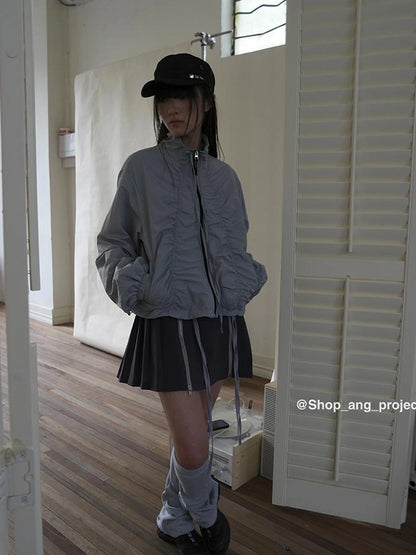 Pleated Drawstring Zipper Long Sleeve Jacket