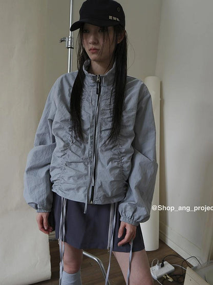 Pleated Drawstring Zipper Long Sleeve Jacket