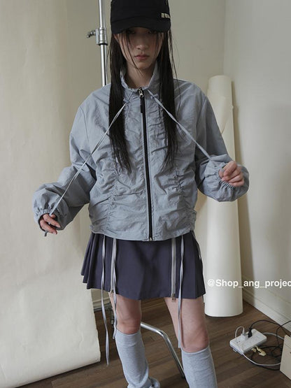 ang project Pleated Drawstring Zipper Long Sleeve Jacket