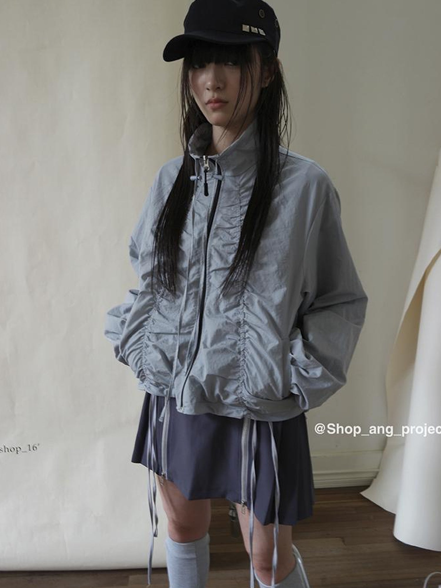 ang project Pleated Drawstring Zipper Long Sleeve Jacket