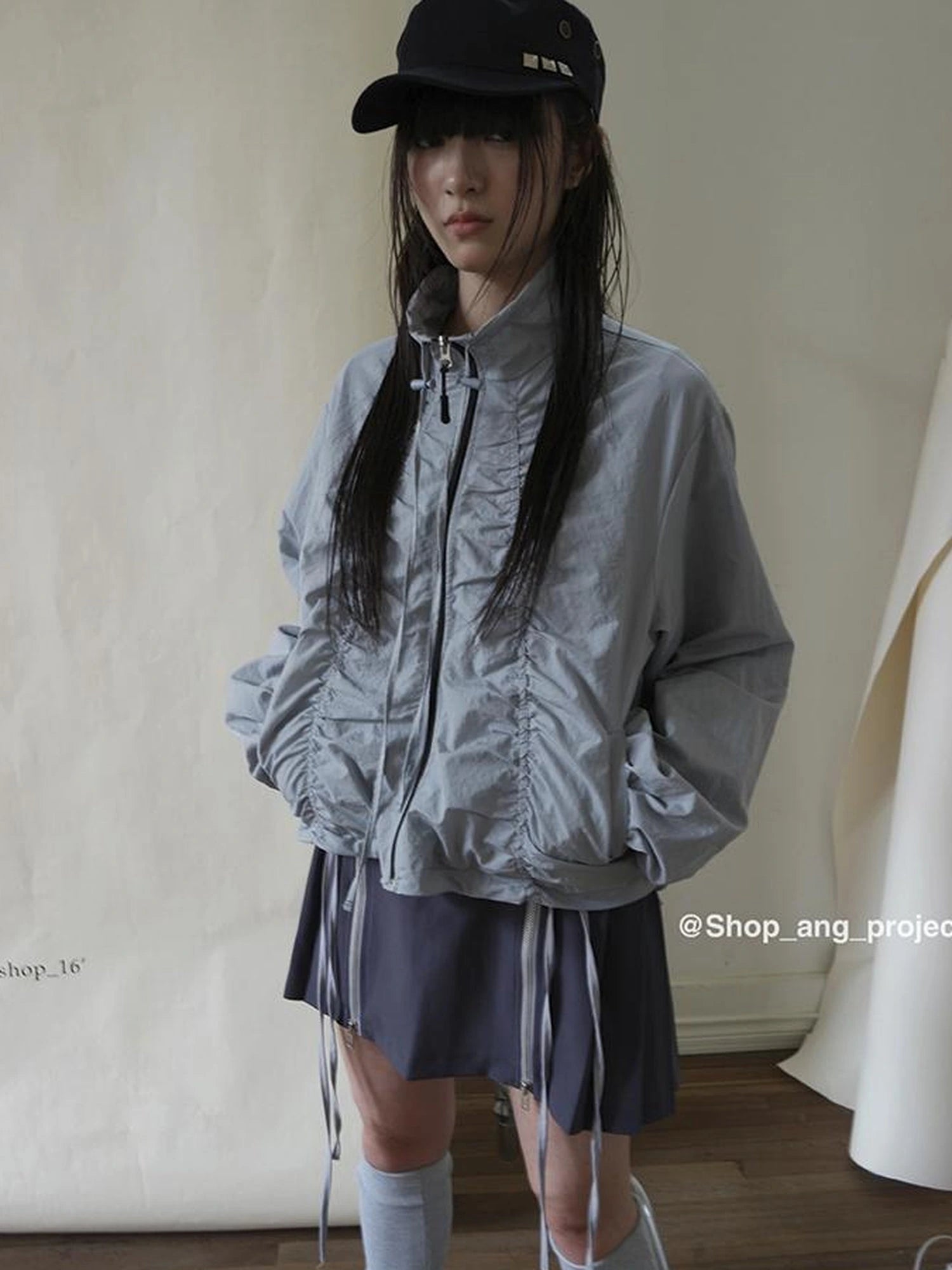 Pleated Drawstring Zipper Long Sleeve Jacket