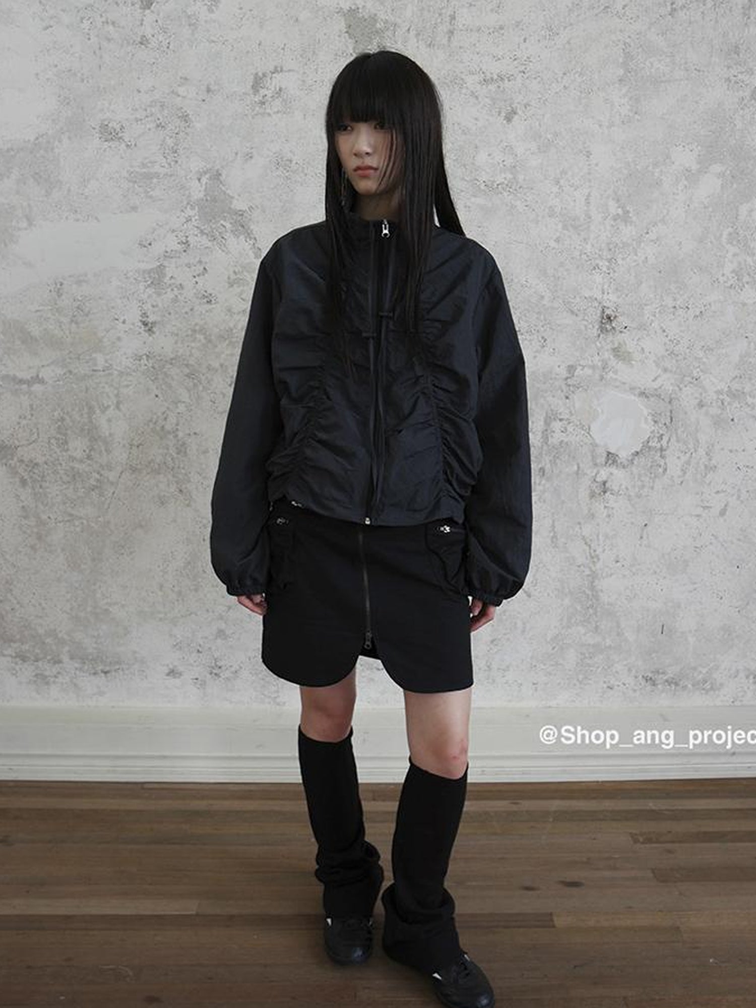 ang project Pleated Drawstring Zipper Long Sleeve Jacket