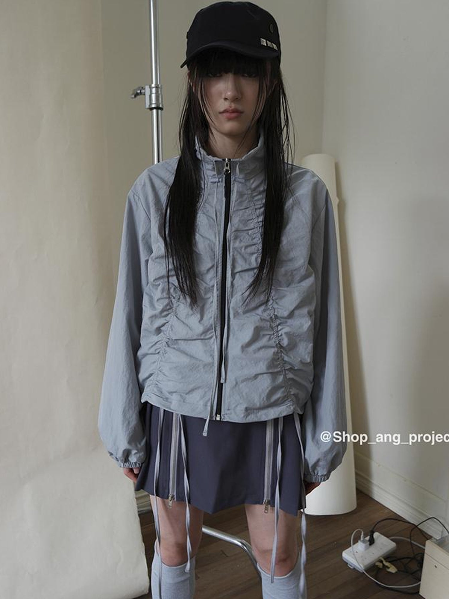 ang project Pleated Drawstring Zipper Long Sleeve Jacket