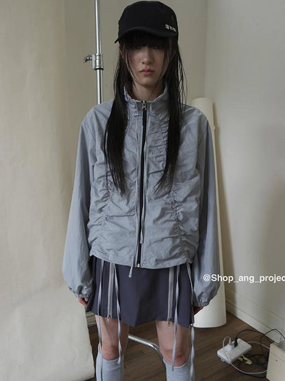 Pleated Drawstring Zipper Long Sleeve Jacket