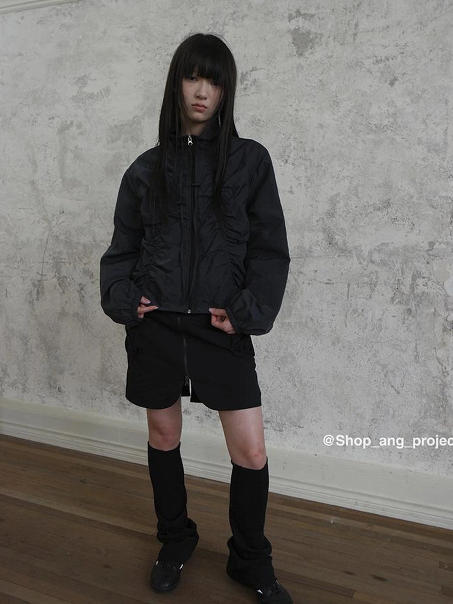 Pleated Drawstring Zipper Long Sleeve Jacket