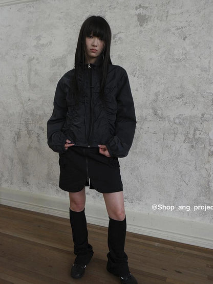 Pleated Drawstring Zipper Long Sleeve Jacket