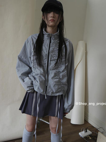 ang project Pleated Drawstring Zipper Long Sleeve Jacket