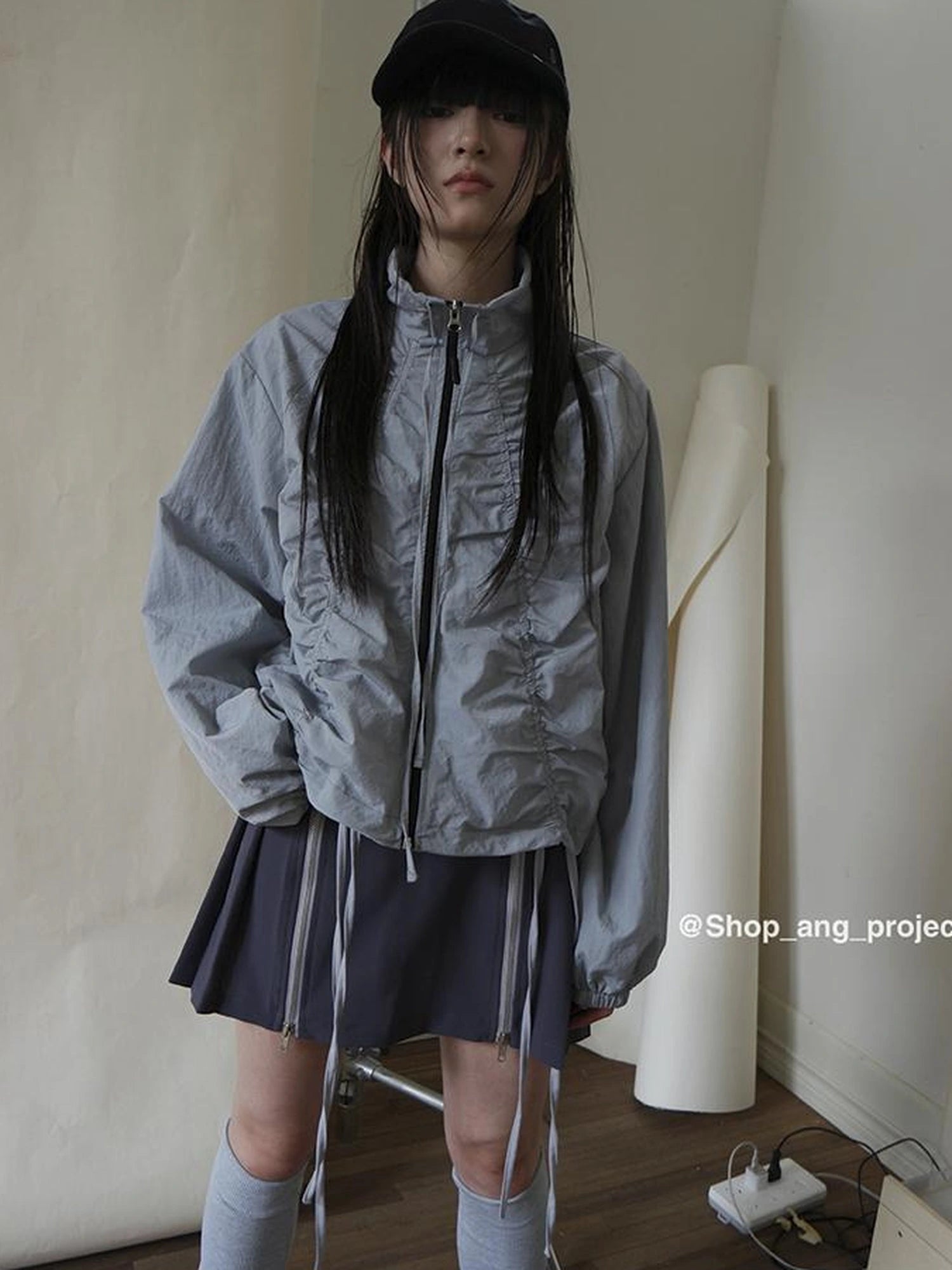 Pleated Drawstring Zipper Long Sleeve Jacket