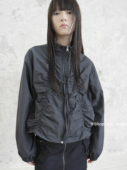 ang project Pleated Drawstring Zipper Long Sleeve Jacket