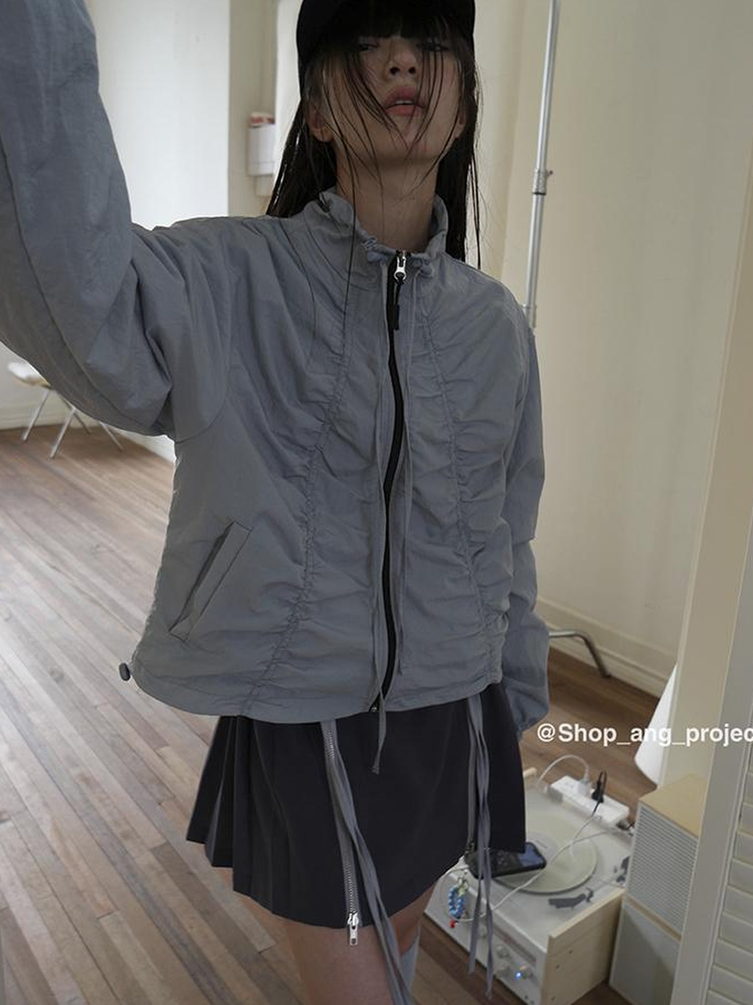 ang project Pleated Drawstring Zipper Long Sleeve Jacket