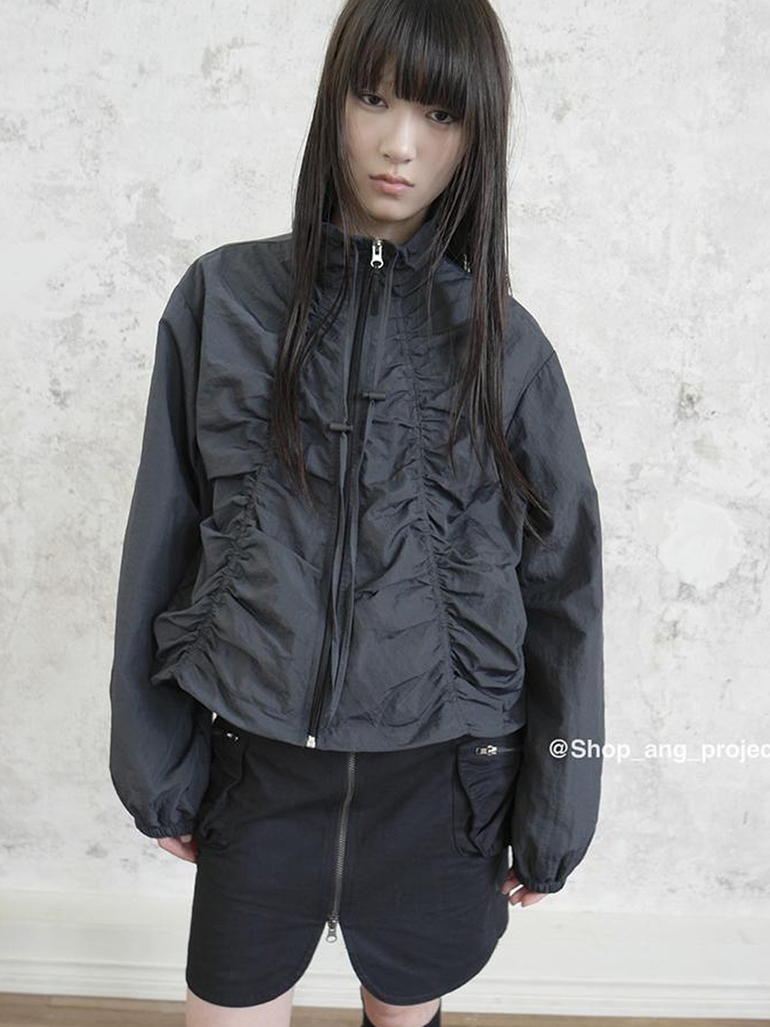 ang project Pleated Drawstring Zipper Long Sleeve Jacket