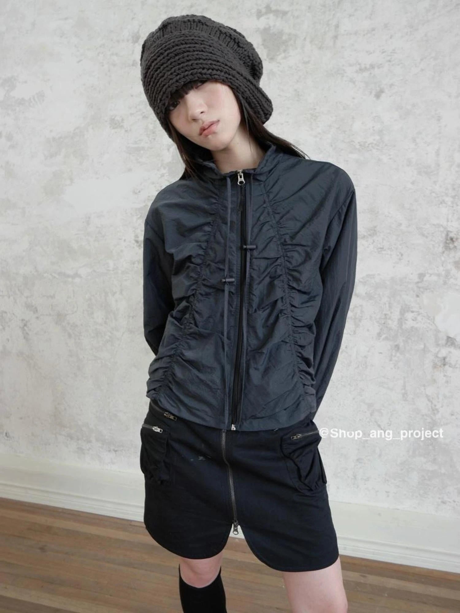 Pleated Drawstring Zipper Long Sleeve Jacket