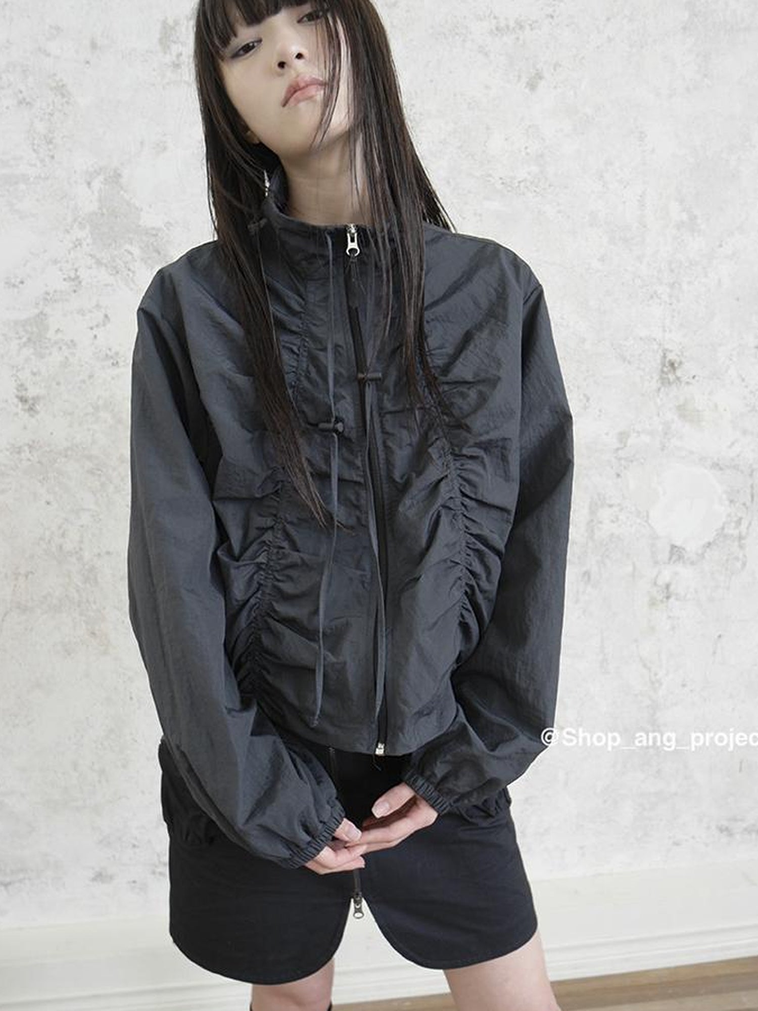 ang project Pleated Drawstring Zipper Long Sleeve Jacket