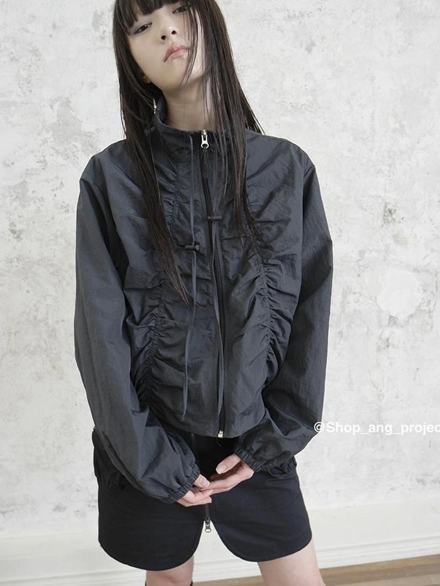 Pleated Drawstring Zipper Long Sleeve Jacket