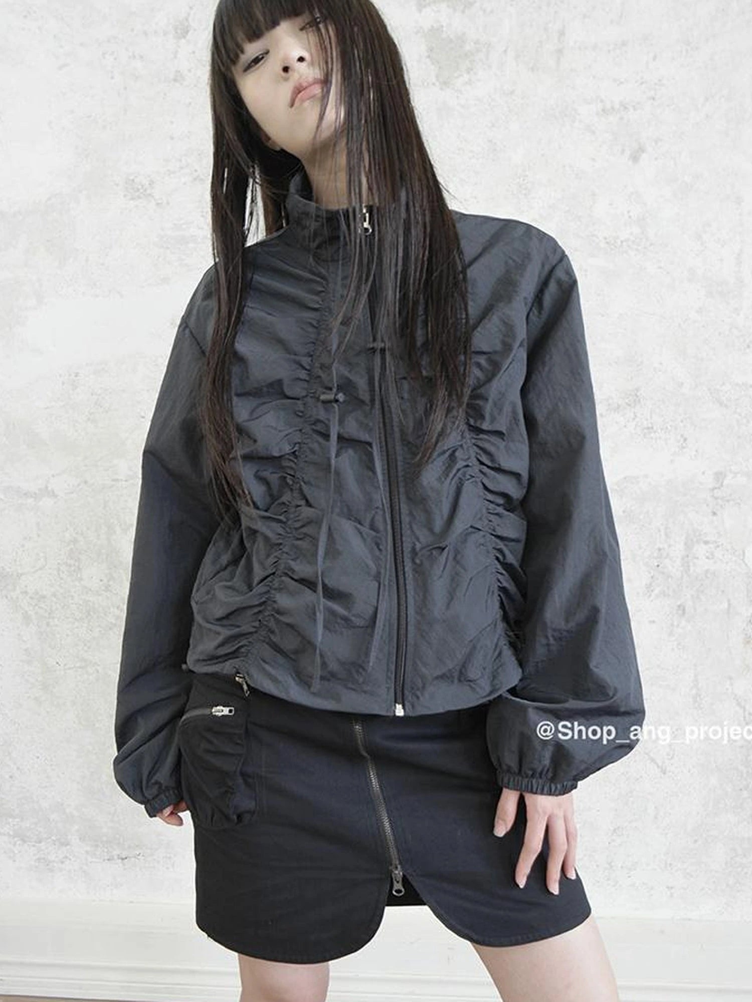 Pleated Drawstring Zipper Long Sleeve Jacket