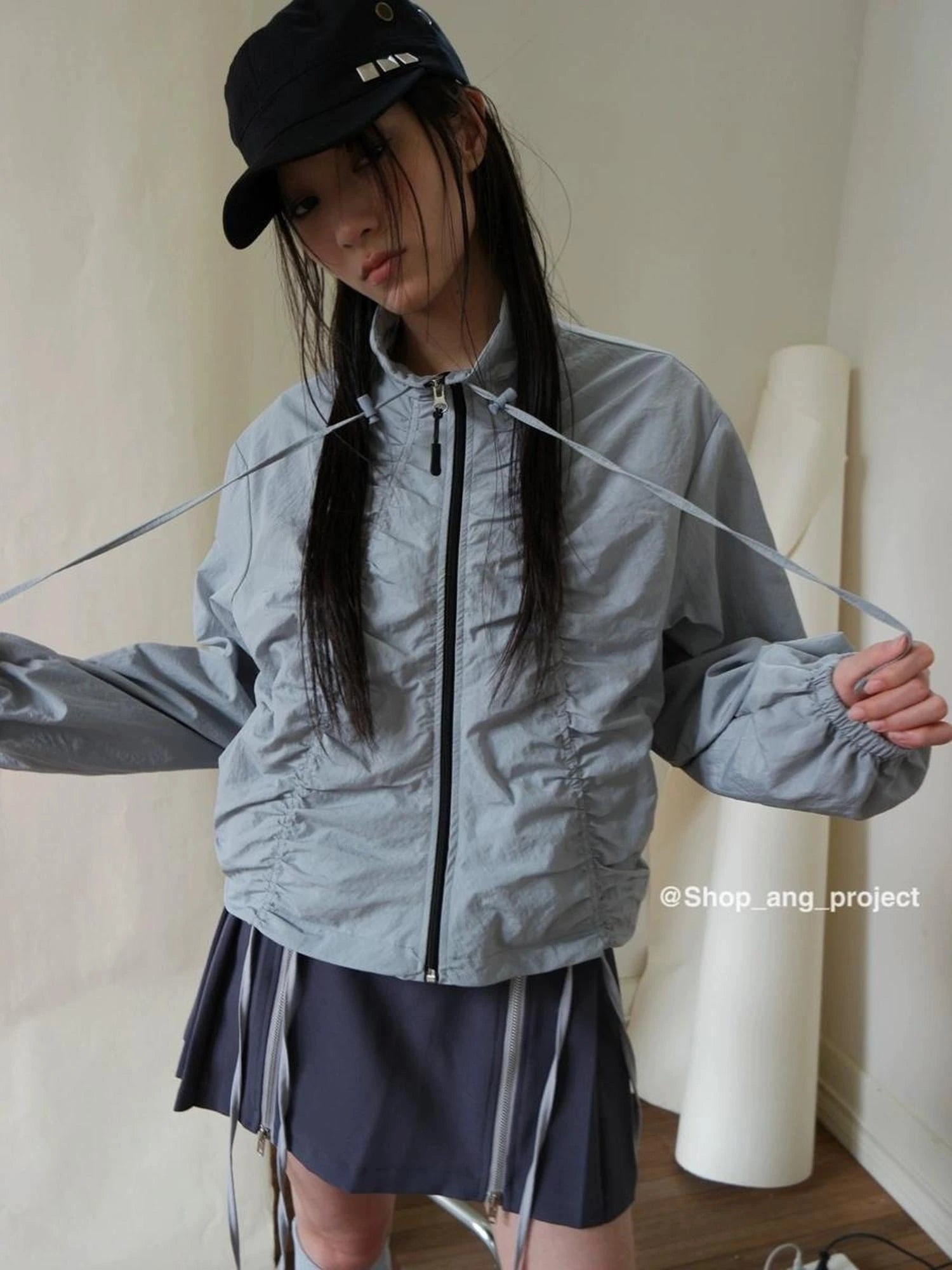 Pleated Drawstring Zipper Long Sleeve Jacket