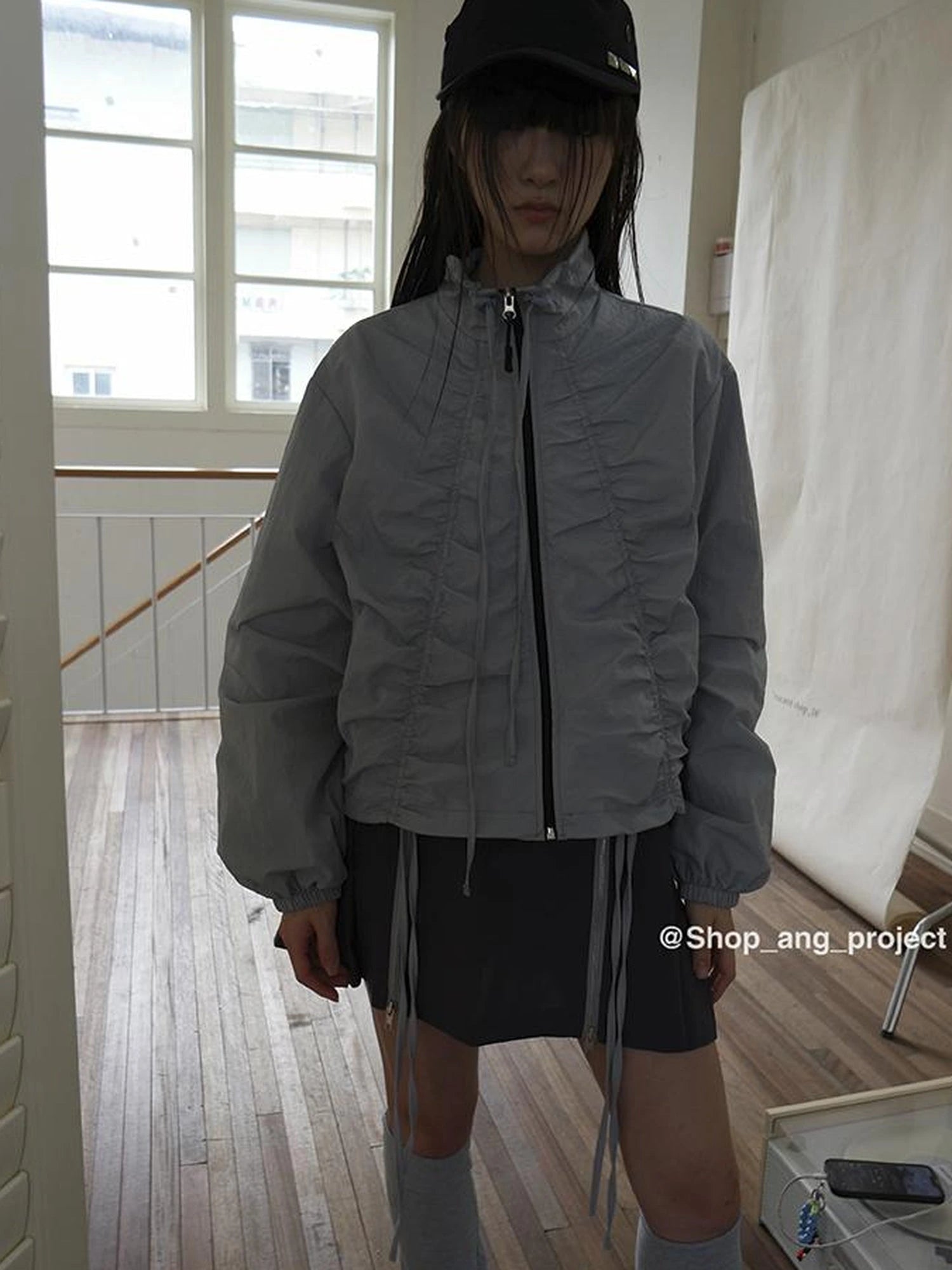 Pleated Drawstring Zipper Long Sleeve Jacket