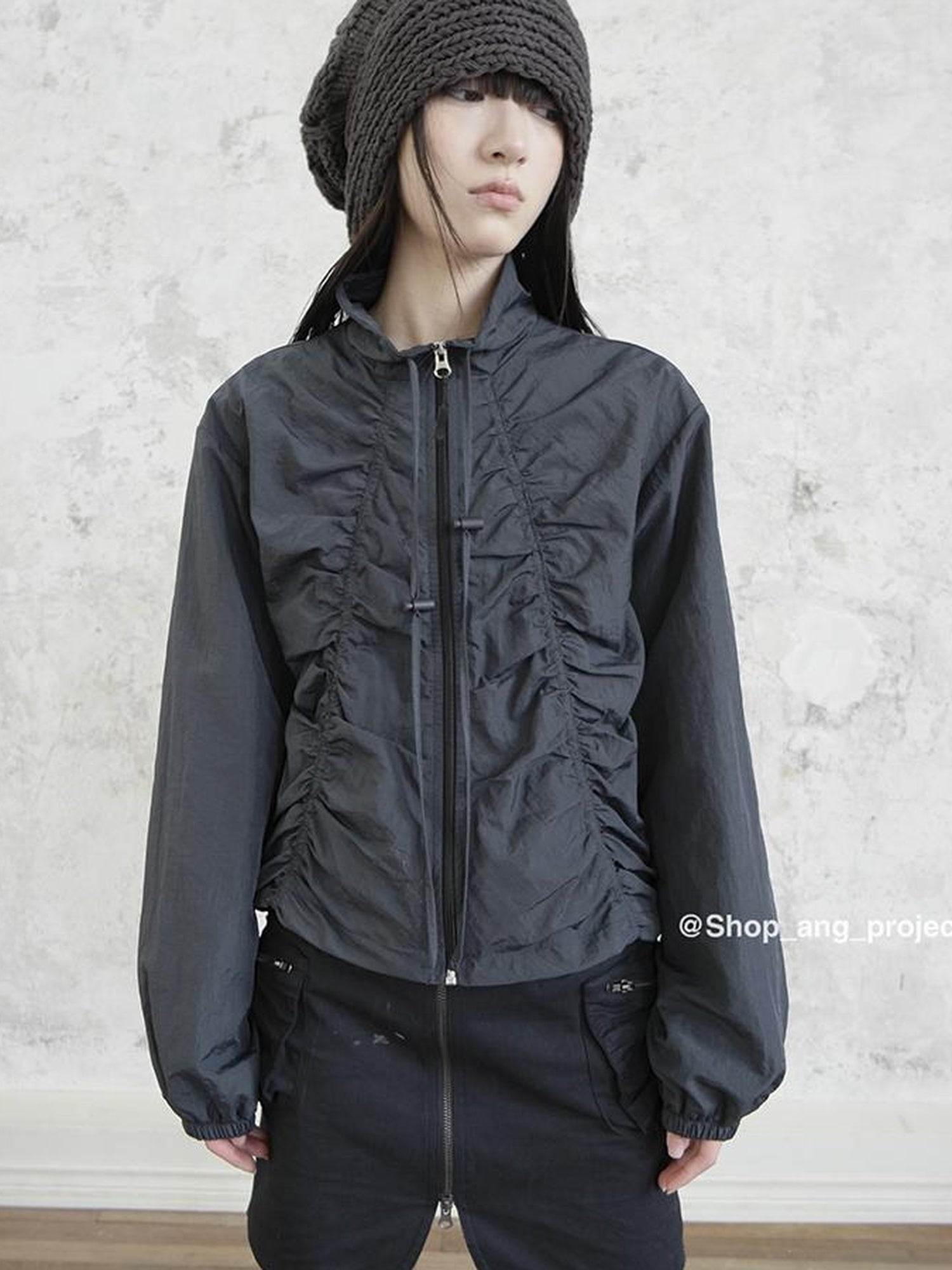 ang project Pleated Drawstring Zipper Long Sleeve Jacket