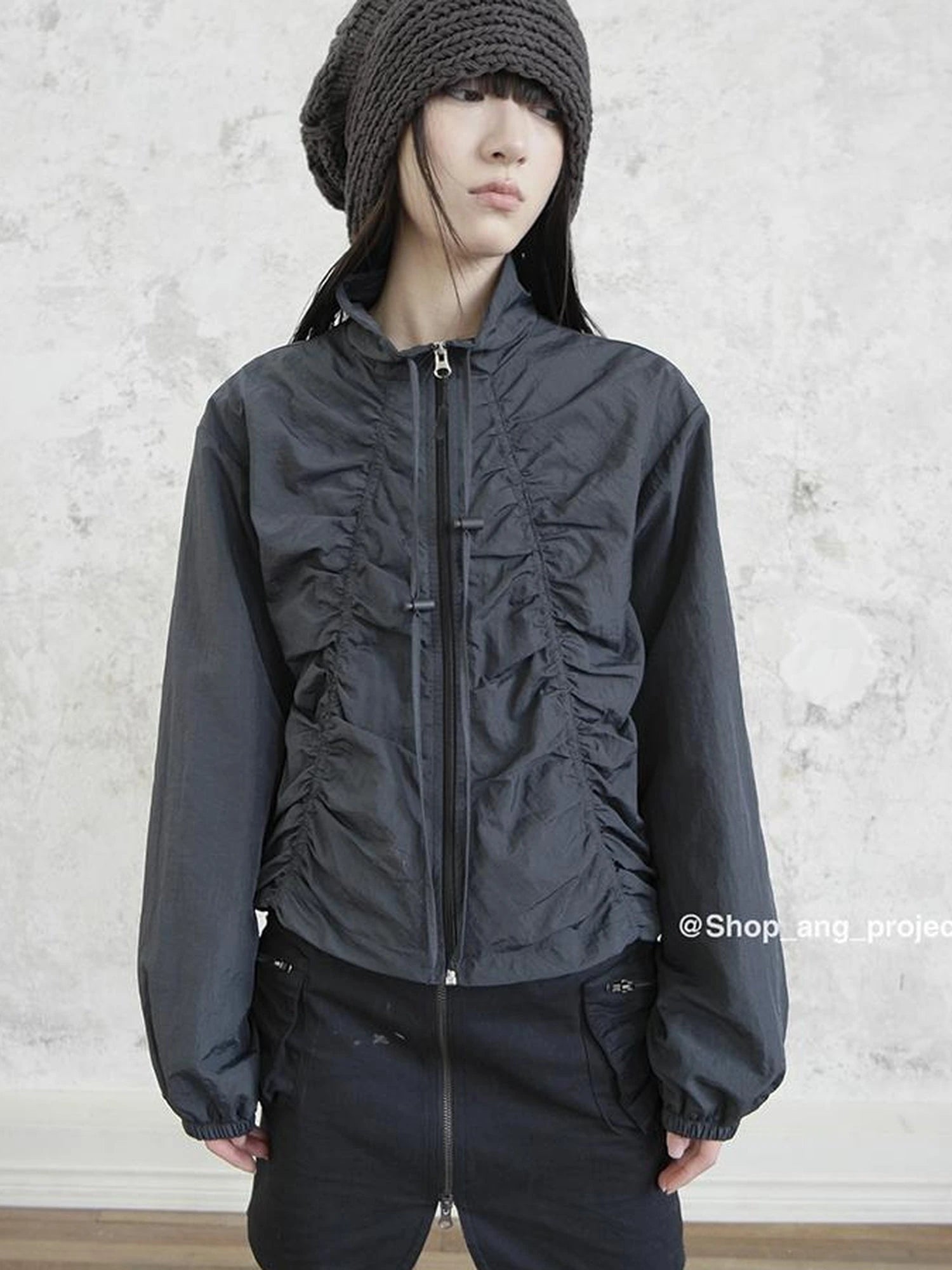 Pleated Drawstring Zipper Long Sleeve Jacket