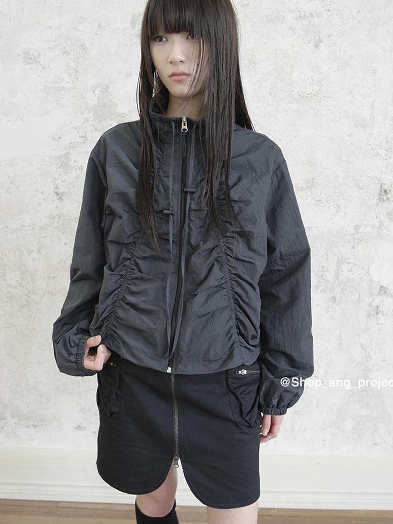 ang project Pleated Drawstring Zipper Long Sleeve Jacket
