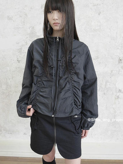 ang project Pleated Drawstring Zipper Long Sleeve Jacket