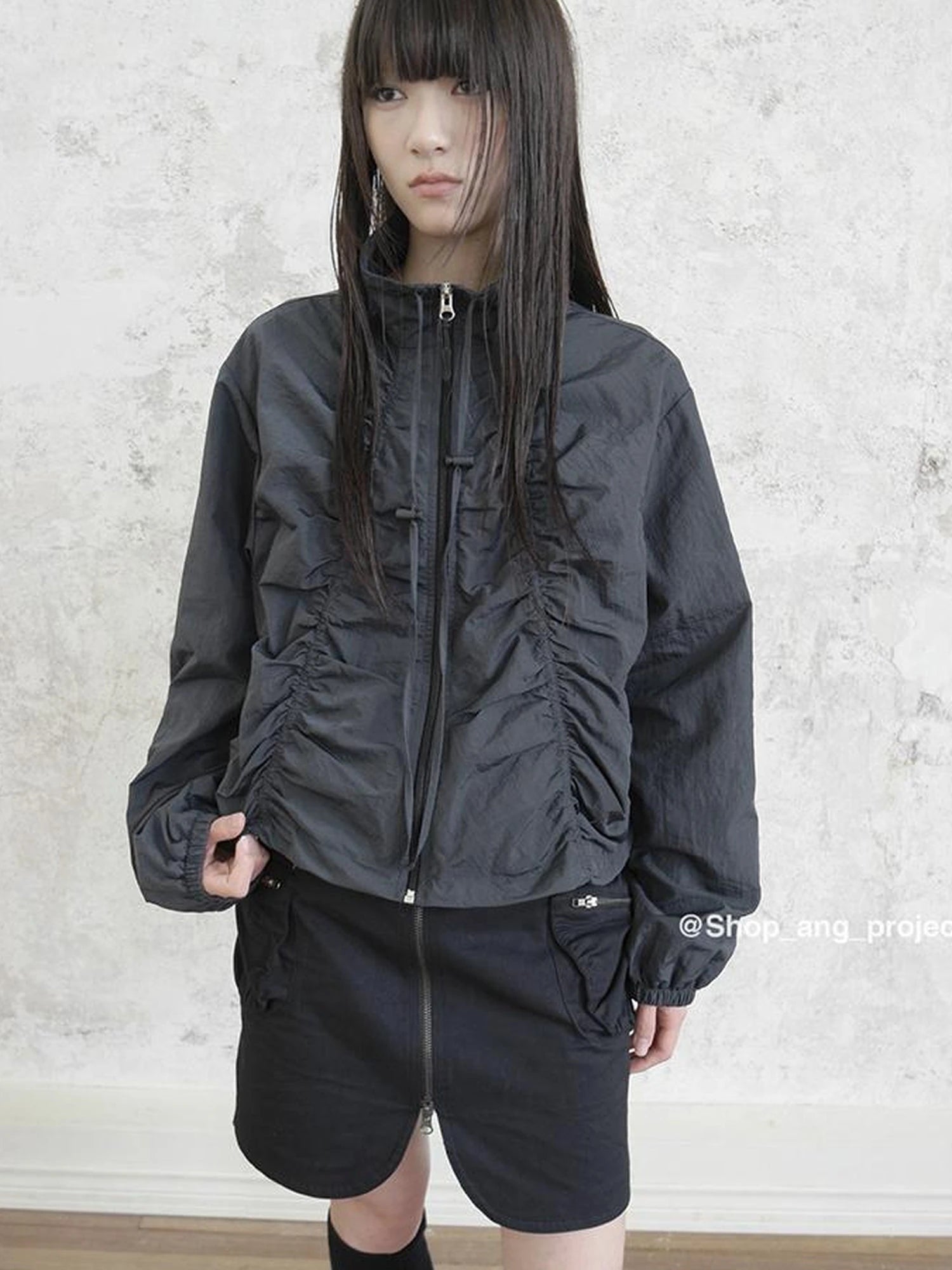 Pleated Drawstring Zipper Long Sleeve Jacket