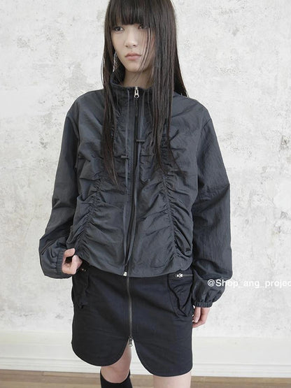 Pleated Drawstring Zipper Long Sleeve Jacket