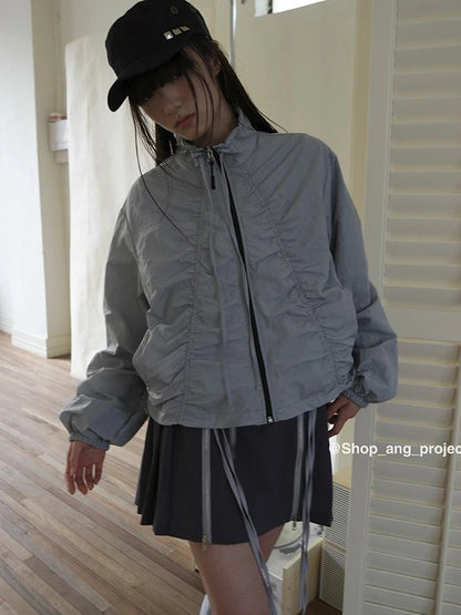 Pleated Drawstring Zipper Long Sleeve Jacket