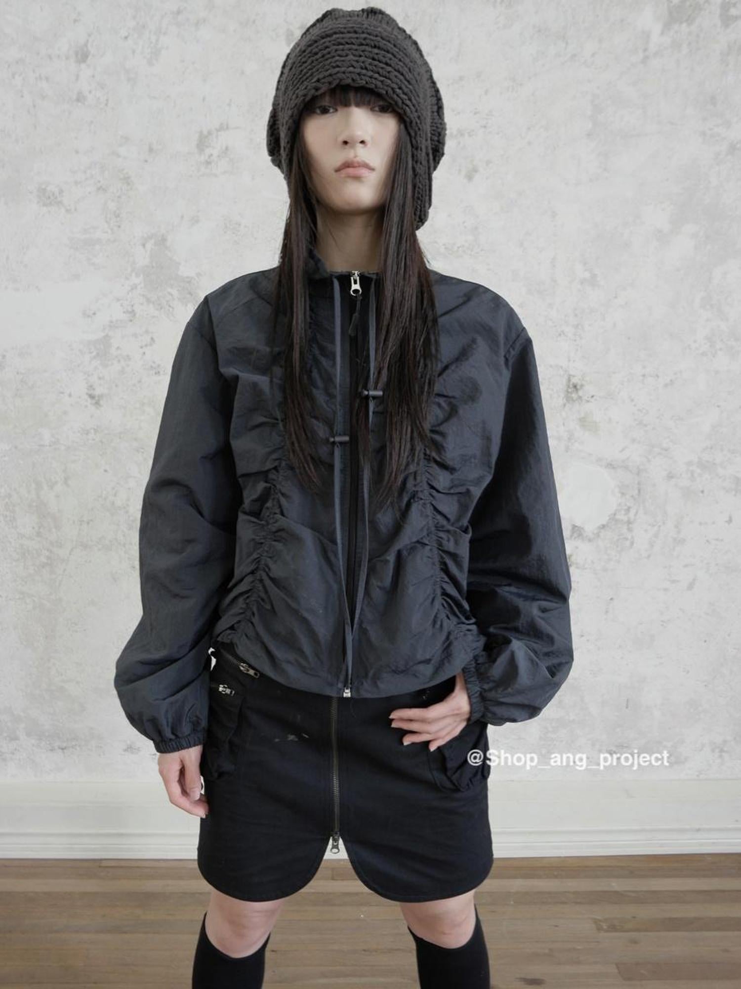 ang project Pleated Drawstring Zipper Long Sleeve Jacket