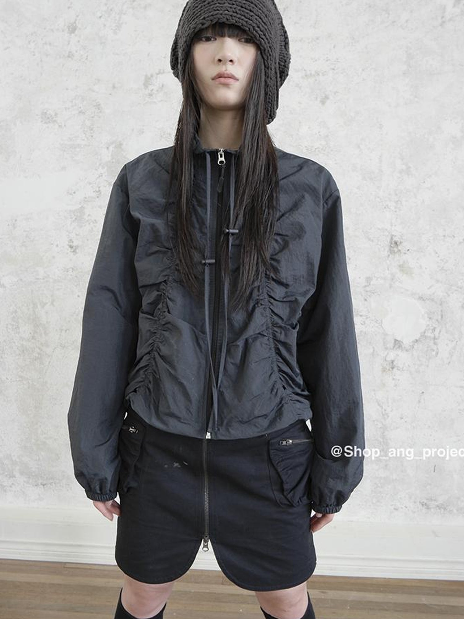 ang project Pleated Drawstring Zipper Long Sleeve Jacket