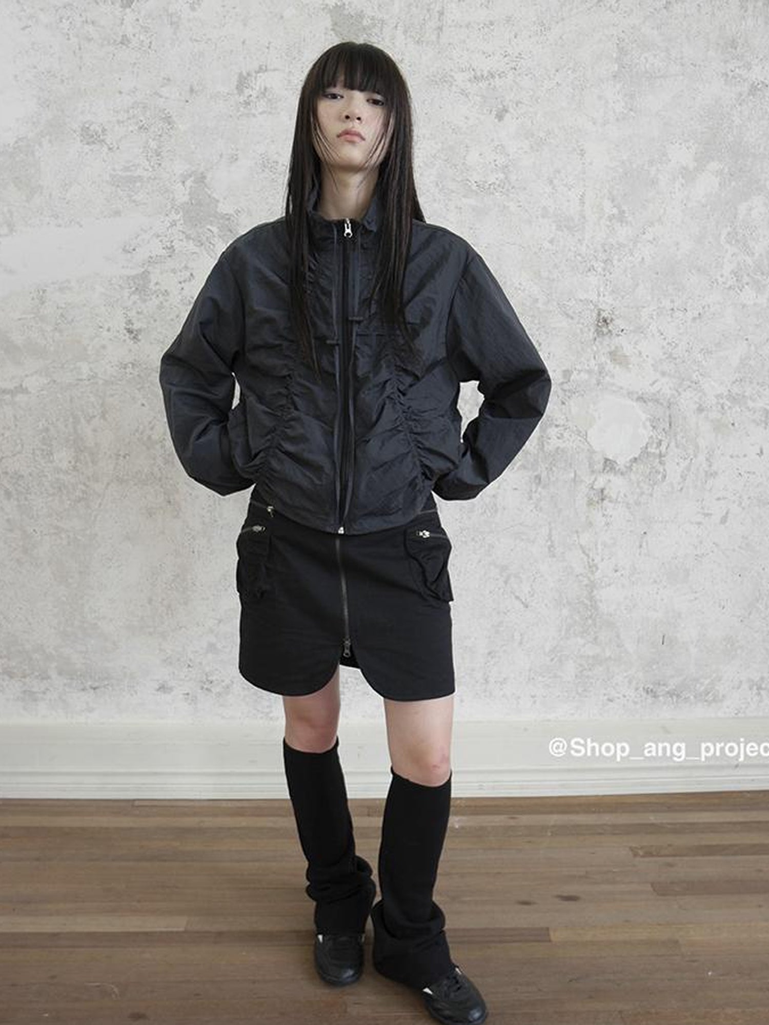 ang project Pleated Drawstring Zipper Long Sleeve Jacket