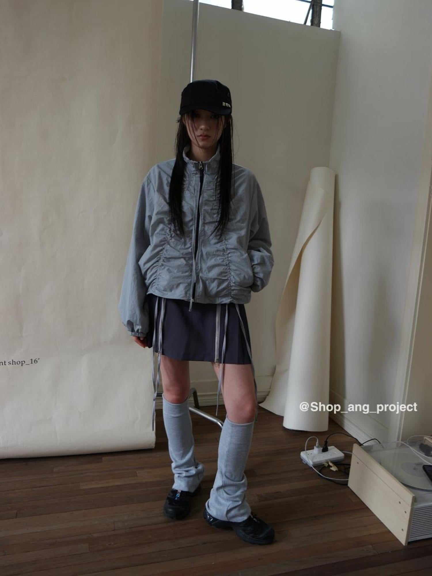 ang project Pleated Drawstring Zipper Long Sleeve Jacket