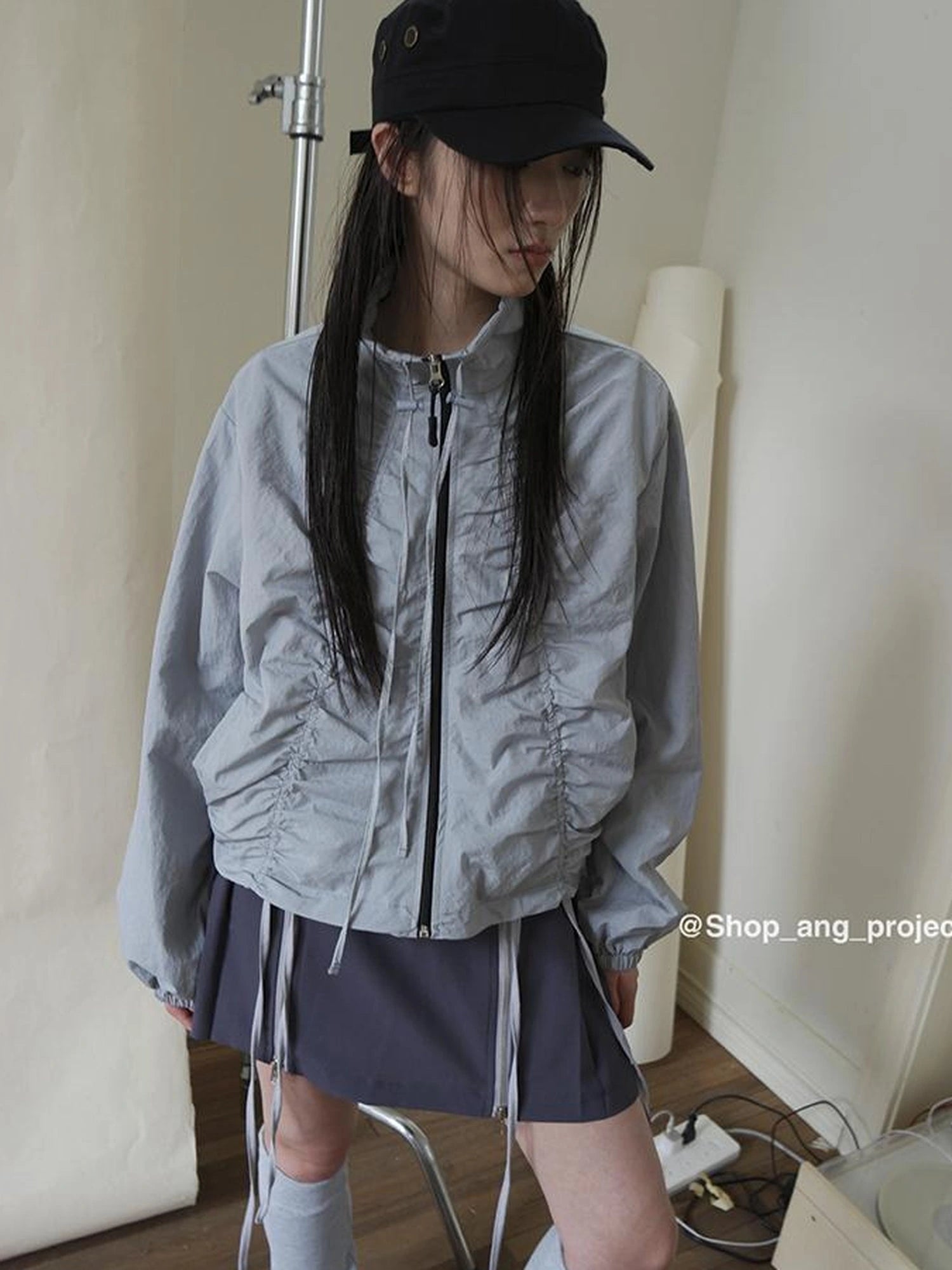 Pleated Drawstring Zipper Long Sleeve Jacket