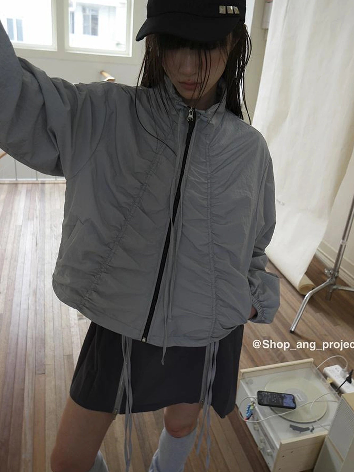 Pleated Drawstring Zipper Long Sleeve Jacket