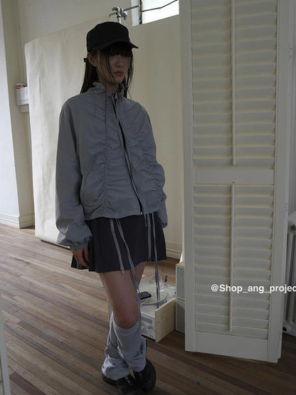 Pleated Drawstring Zipper Long Sleeve Jacket